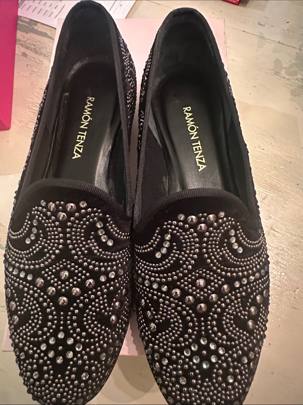 Ramon Tenza Black Velvet  Crystal-Studded Slip-On Loafers